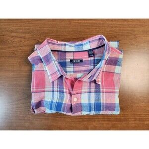 Izod Mens Short Sleeve Button Up Preppy Blue & Pink Madras Shirt Size XL
